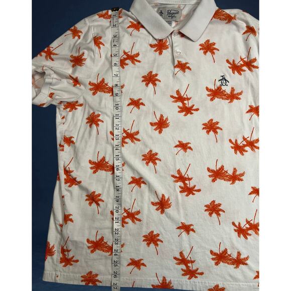 Original Penguin Men’s XL Polo Shirt White Orange Palm Tree Print 100% Cotton - Picture 12 of 13
